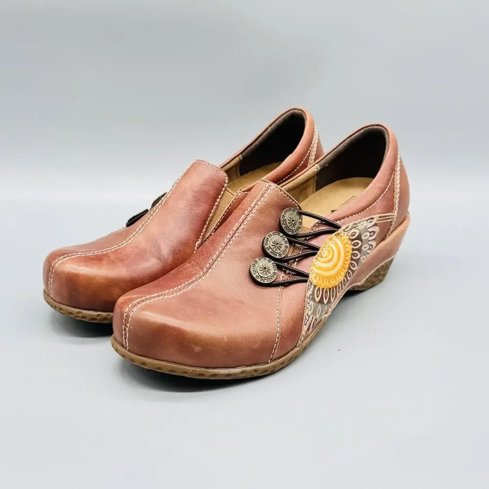 Spring Step L'Artiste Shoes Womens 5 Brown Leather Wedge Clogs Slip On Comfort